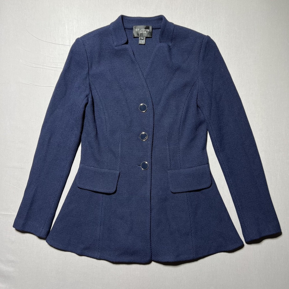 St John Caviar Navy Blue Blazer Womens 4 Wool‎ Silk Blend Fitted Peplum USA